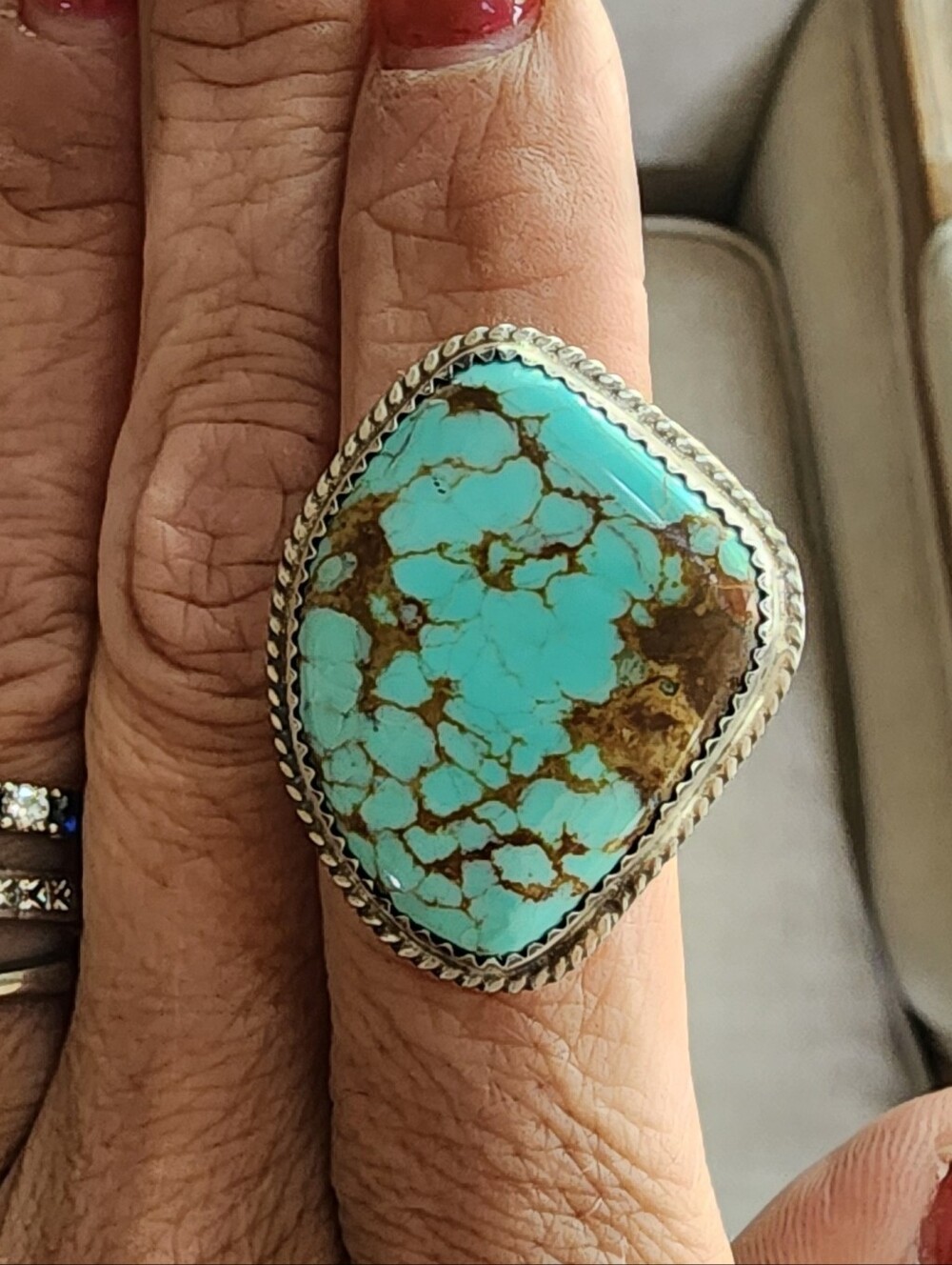 LARGE Mine #8 Turquoise Adjustable Ring By Navajo Artist Signed And Stamped